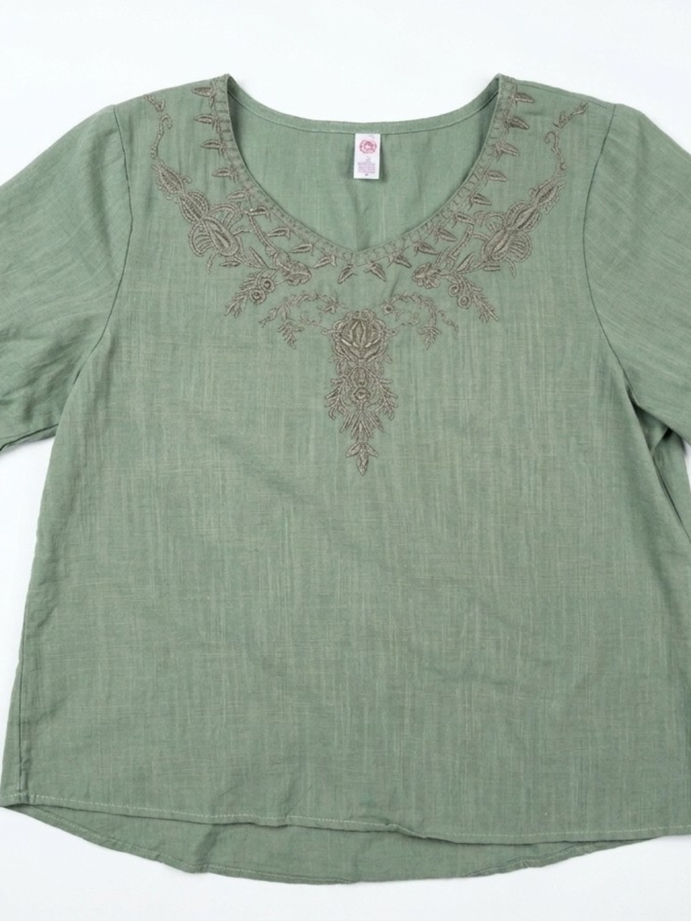 Embroidered V-Neck Women's Top Sage Green Size Medium Boho Cotton Cottage Core